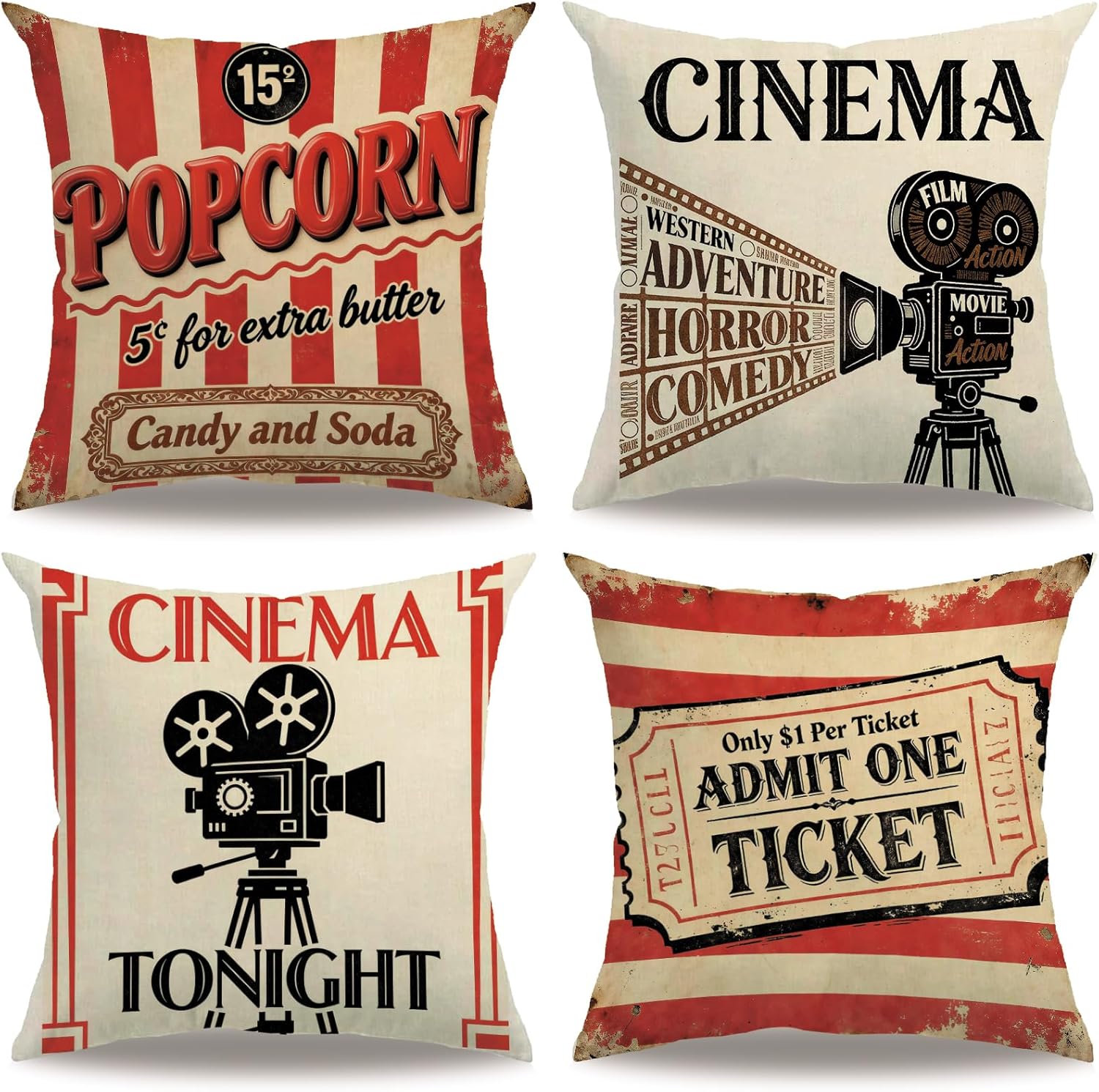 Home Cinema Tickets - 4 housses de coussin vintage sur