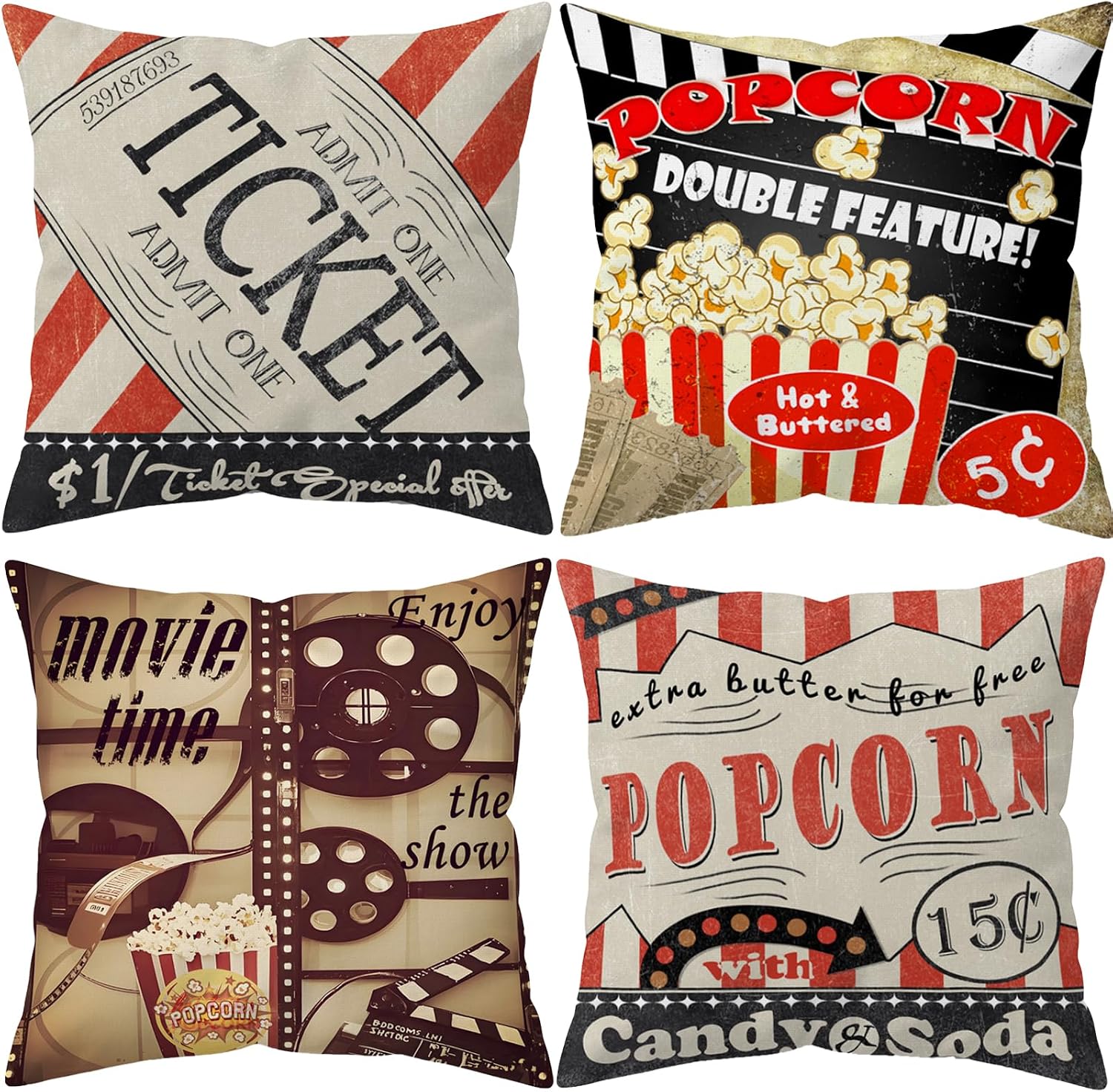 Home Cinema Tickets - Lot de 4 Housses de Coussin